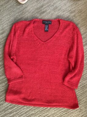 Red V-Neck Lightweight Knit Sweater